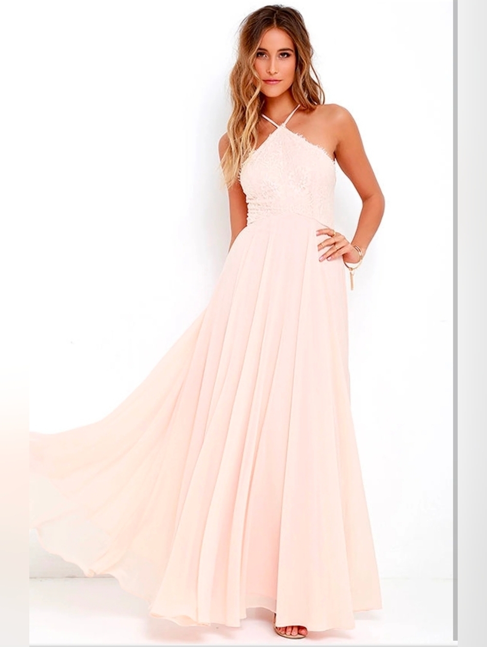 Lulus | Light Peach Everlasting Enchantment Halter Top Maxi Dress Size Small